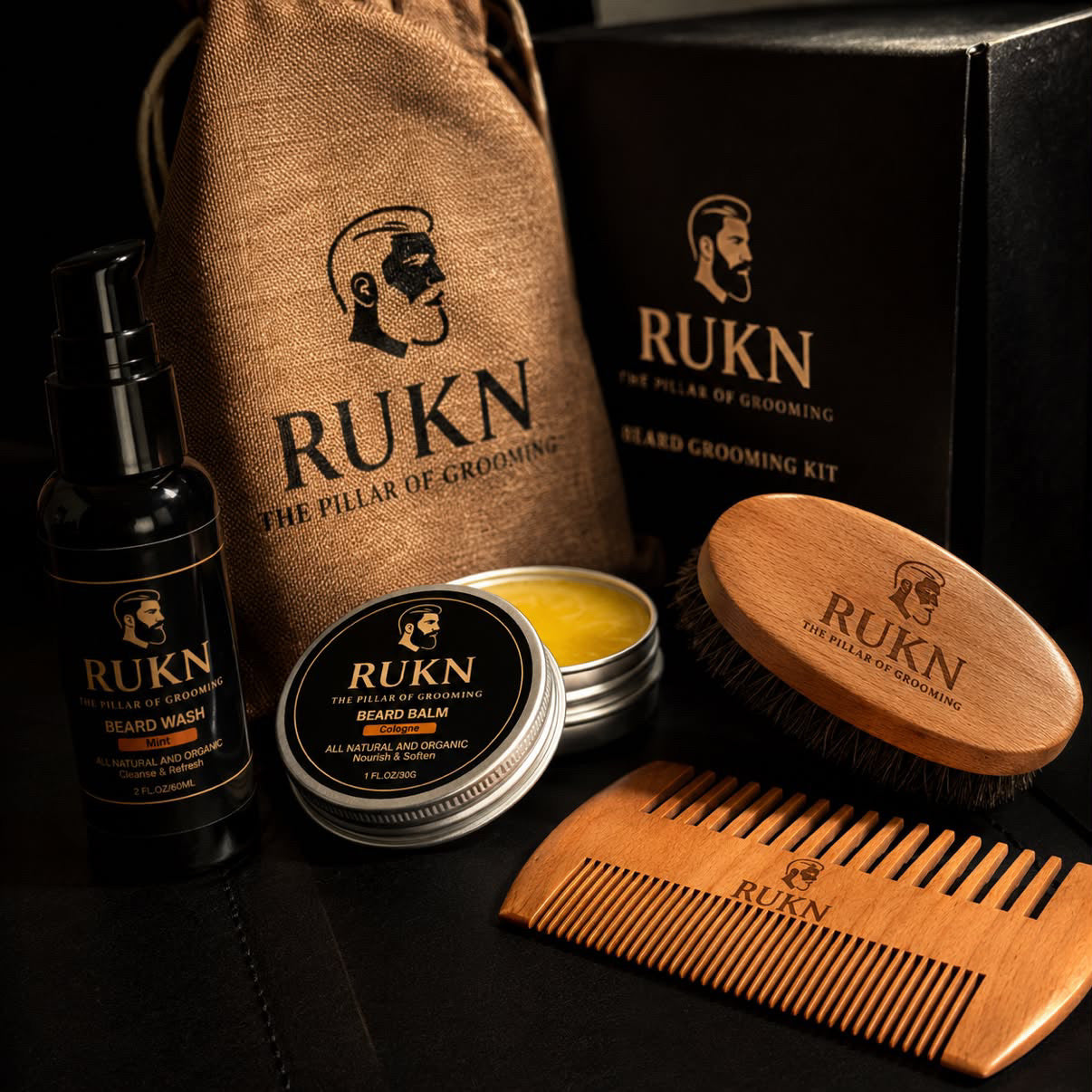 RUKN Premium Beard Grooming Kit for Men – Beard Oil, Balm, Wash, Comb, Brush & Scissors  Set