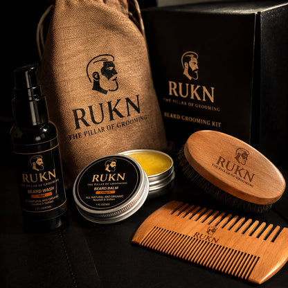 RUKN Premium Beard Grooming Kit for Men – Beard Oil, Balm, Wash, Comb, Brush & Scissors  Set