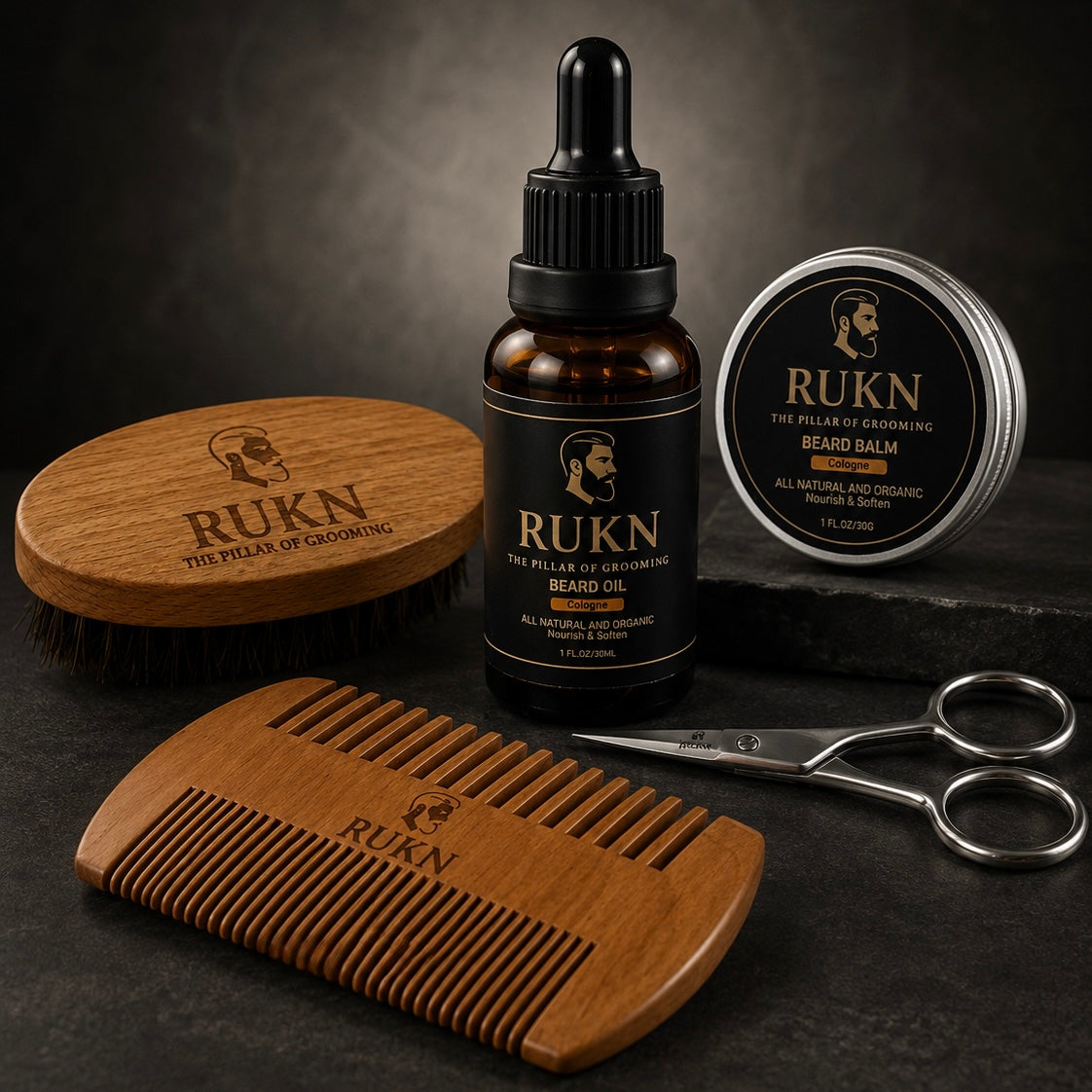 RUKN Premium Beard Grooming Kit for Men – Beard Oil, Balm, Wash, Comb, Brush & Scissors  Set