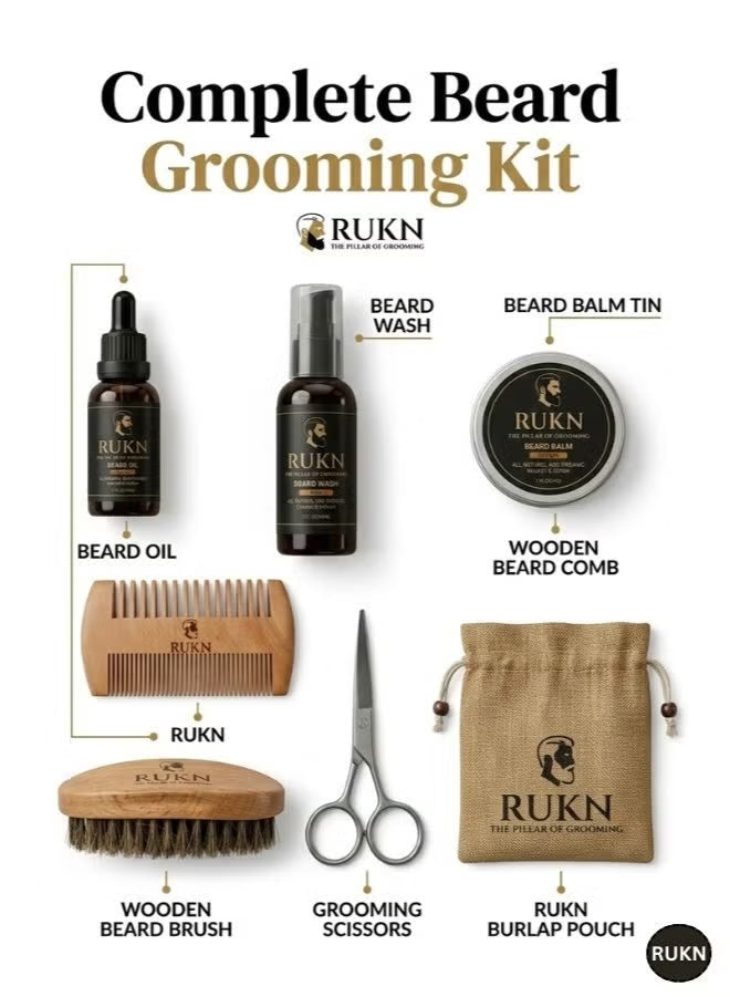Premium Beard Grooming Kit for Men – Complete Beard Care Set with Beard Wash, Beard Oil, Beard Balm, Wooden Comb, Boar Bristle Brush & Scissors | Luxury Gift Set for Men