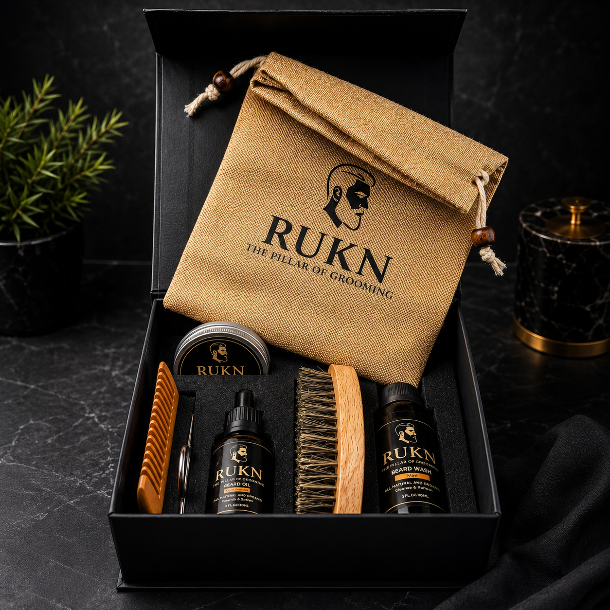 RUKN Premium Beard Grooming Kit for Men – Beard Oil, Balm, Wash, Comb, Brush & Scissors  Set