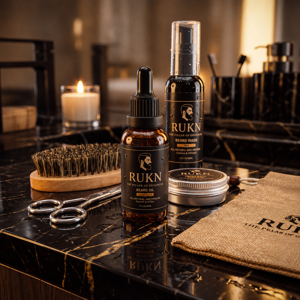 RUKN Premium Beard Grooming Kit for Men – Beard Oil, Balm, Wash, Comb, Brush & Scissors  Set