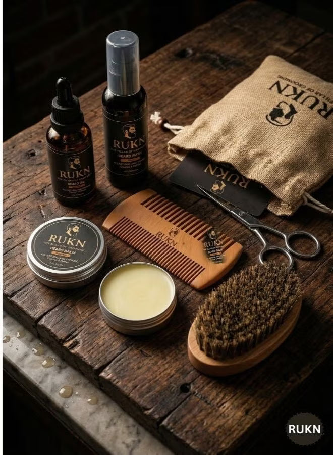 Premium Beard Grooming Kit for Men – Complete Beard Care Set with Beard Wash, Beard Oil, Beard Balm, Wooden Comb, Boar Bristle Brush & Scissors | Luxury Gift Set for Men