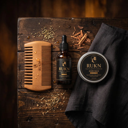 RUKN Premium Beard Grooming Kit for Men – Beard Oil, Balm, Wash, Comb, Brush & Scissors  Set